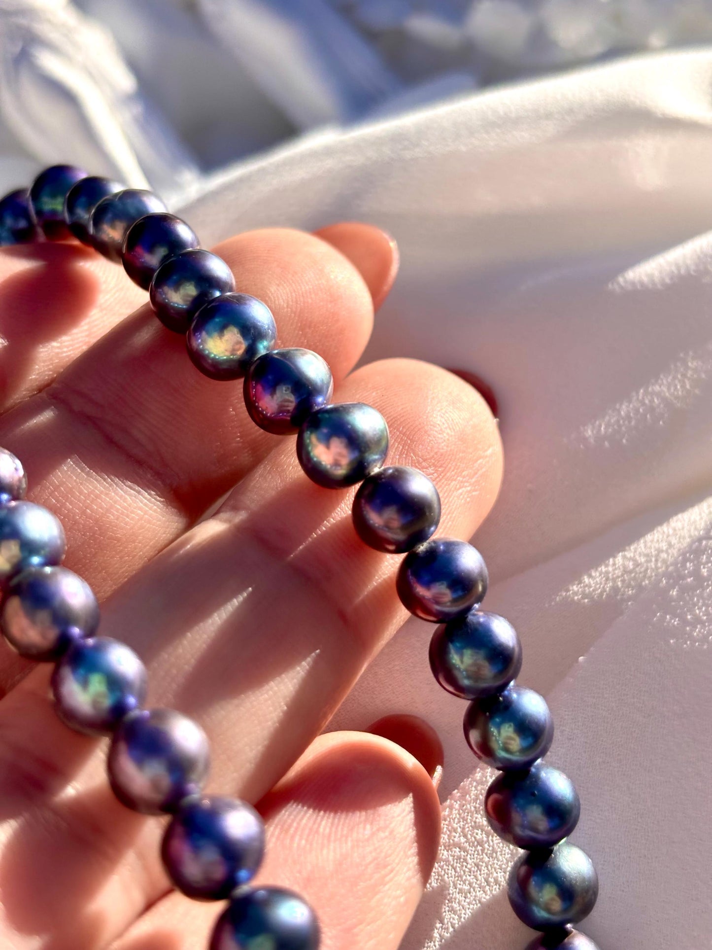 Midnight Tide – Peacock Blue Freshwater Pearl Necklace | Natural Iridescent Pearls | Ocean Inspired Sterling Silver Choker