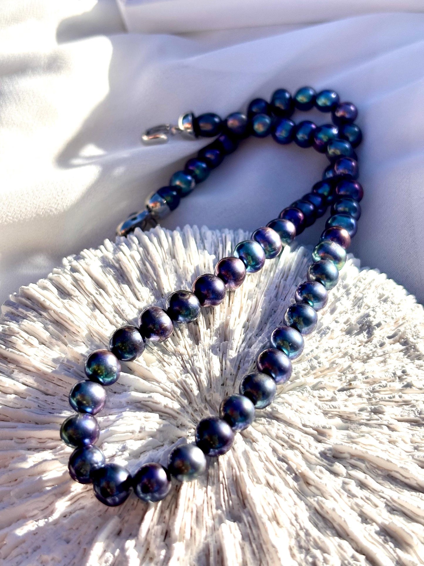 Midnight Tide – Peacock Blue Freshwater Pearl Necklace | Natural Iridescent Pearls | Ocean Inspired Sterling Silver Choker