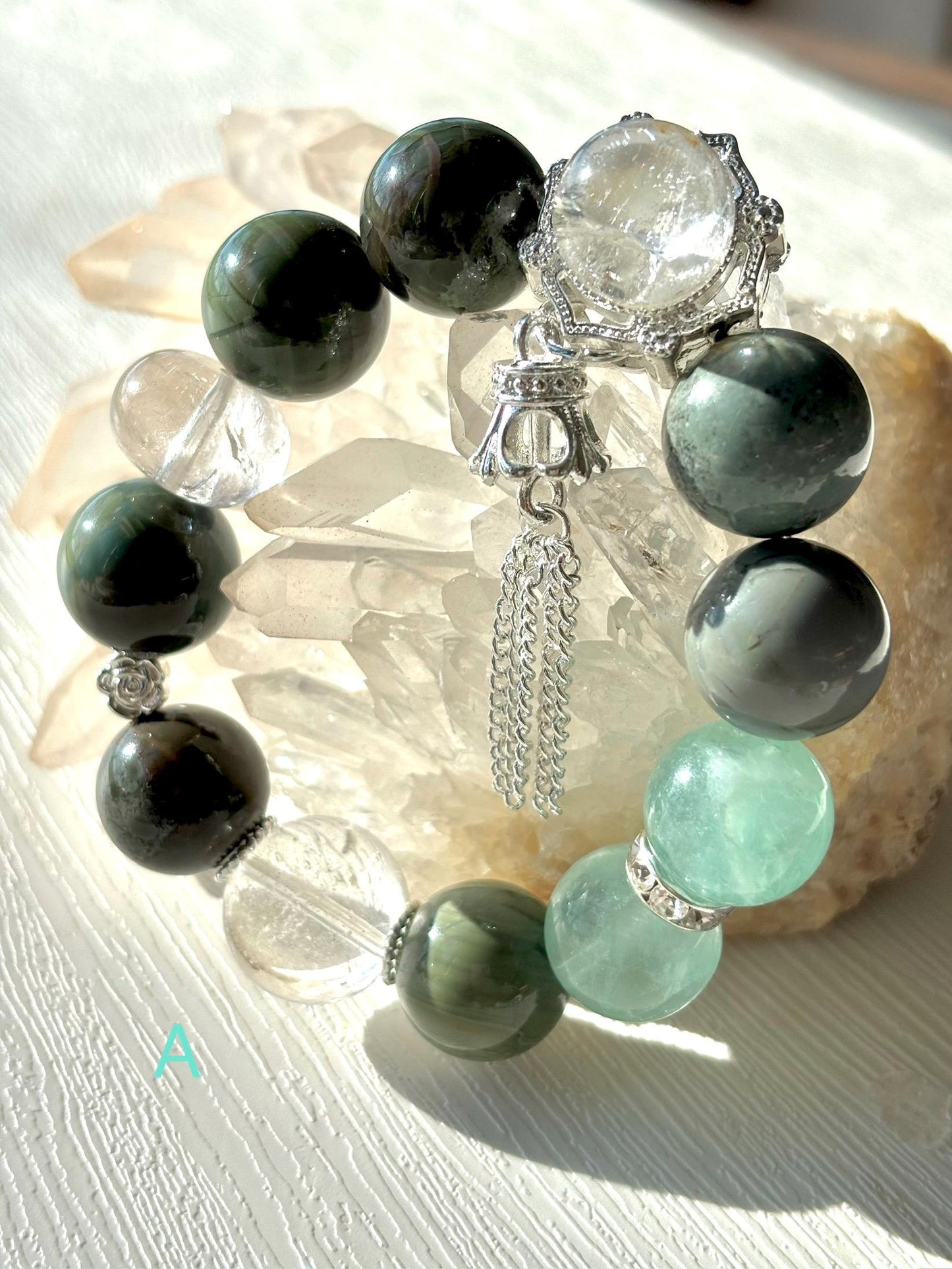 Forest Elf Crystal Bracelet | Alashan Agate & Green Fluorite Bracelet | Azeztulite Charm | Spiritual Healing Jewelry | Nature Inspired Gift