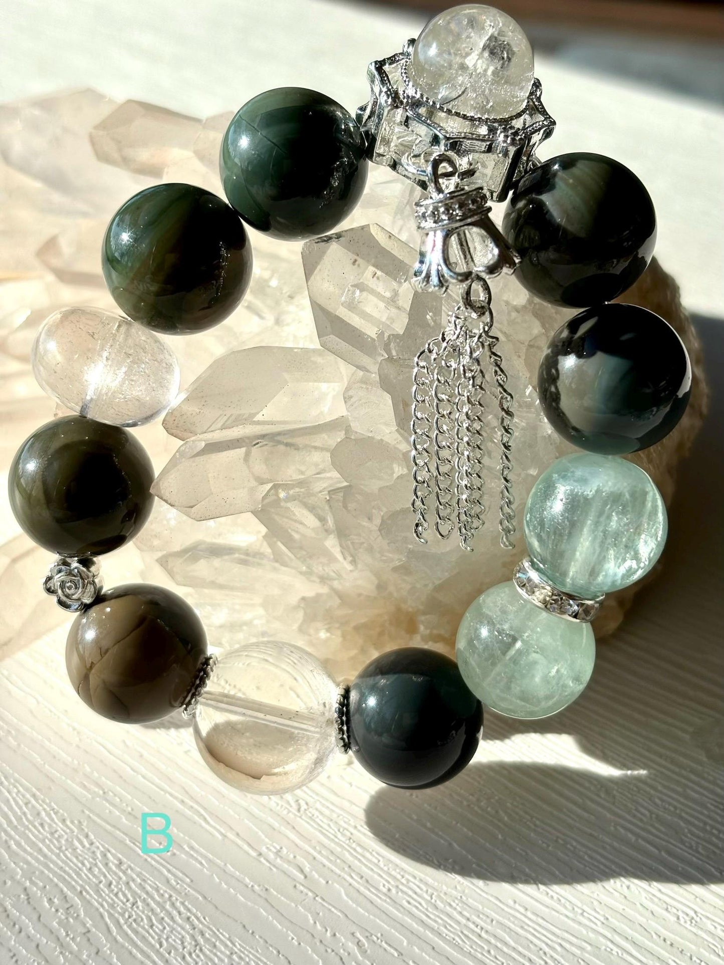 Forest Elf Crystal Bracelet | Alashan Agate & Green Fluorite Bracelet | Azeztulite Charm | Spiritual Healing Jewelry | Nature Inspired Gift