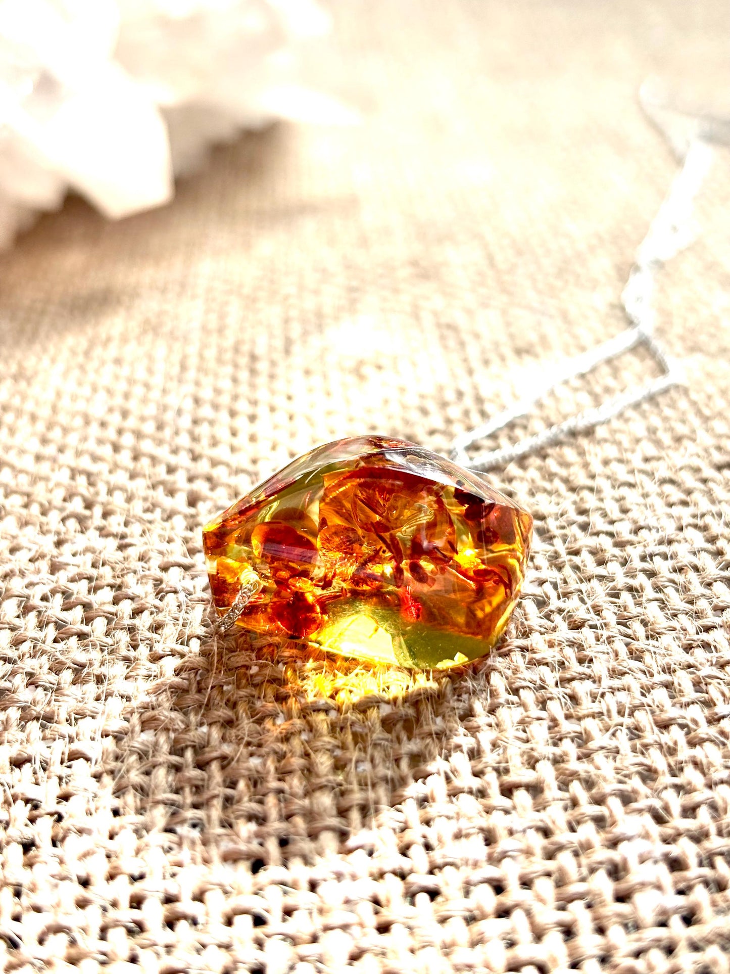Vivid Leaves Floating Amber Necklace | Natural Baltic Amber Pendant | 925 Sterling Silver Adjustable Necklace | Gift for Her