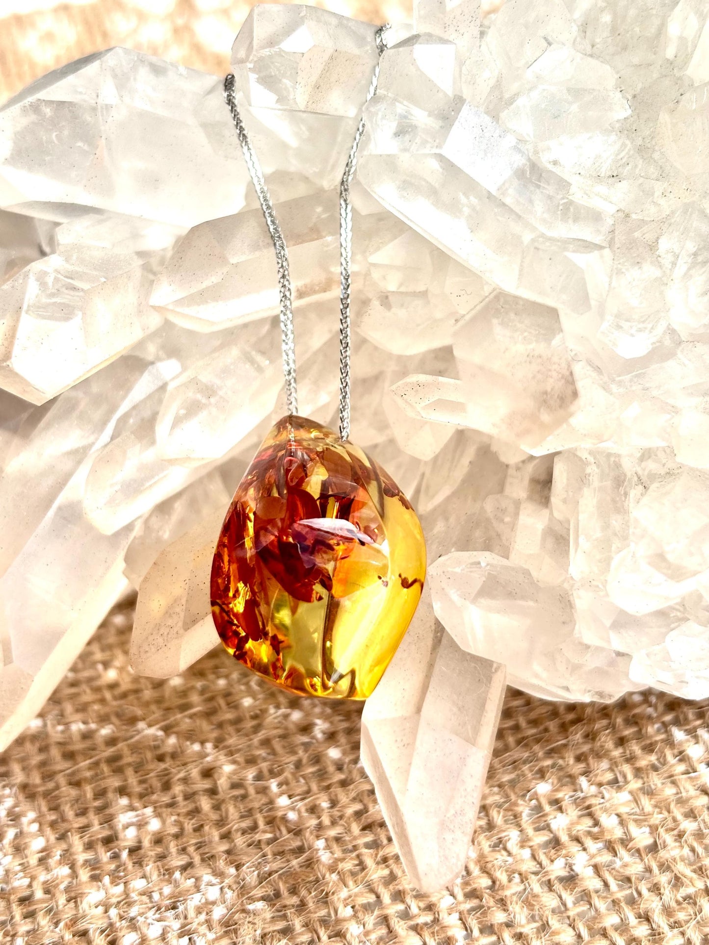 Vivid Leaves Floating Amber Necklace | Natural Baltic Amber Pendant | 925 Sterling Silver Adjustable Necklace | Gift for Her