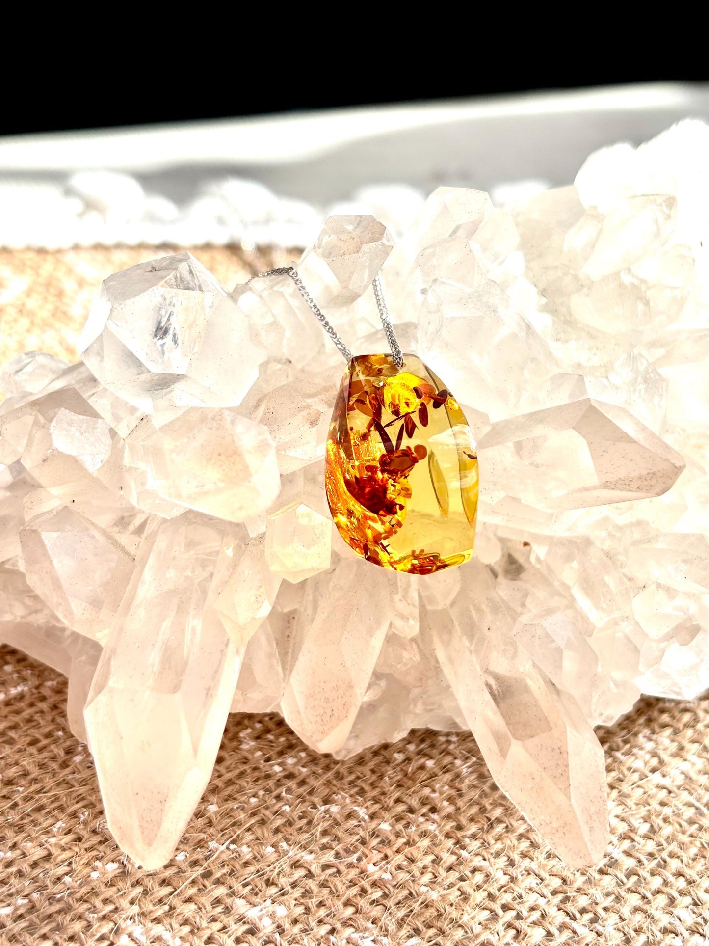 Vivid Leaves Floating Amber Necklace | Natural Baltic Amber Pendant | 925 Sterling Silver Adjustable Necklace | Gift for Her