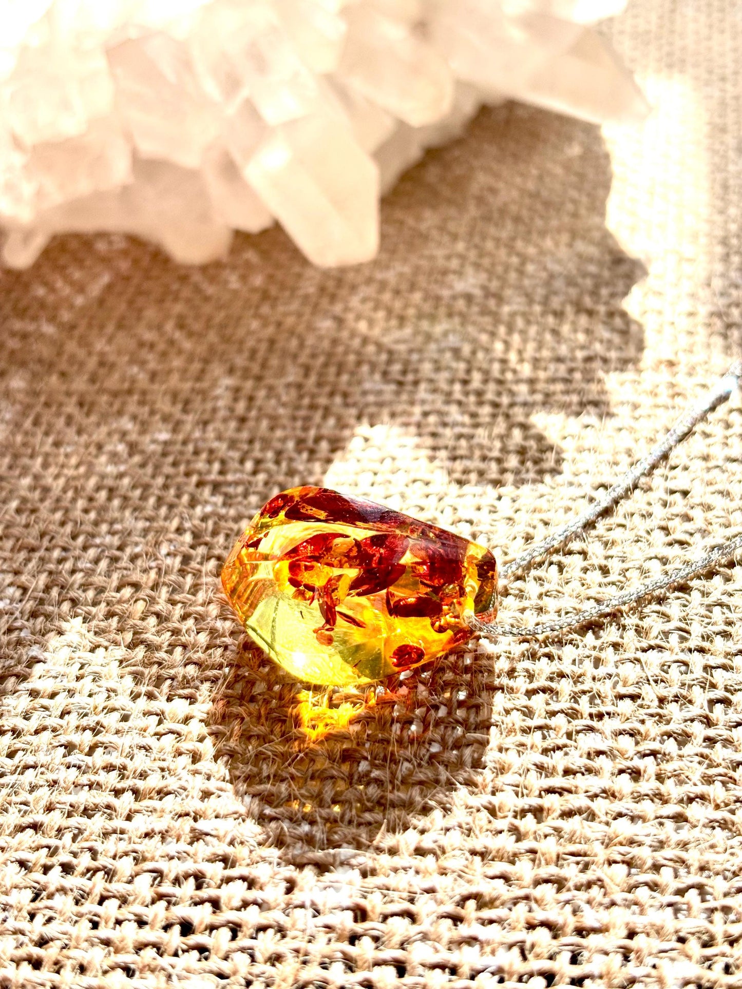 Vivid Leaves Floating Amber Necklace | Natural Baltic Amber Pendant | 925 Sterling Silver Adjustable Necklace | Gift for Her