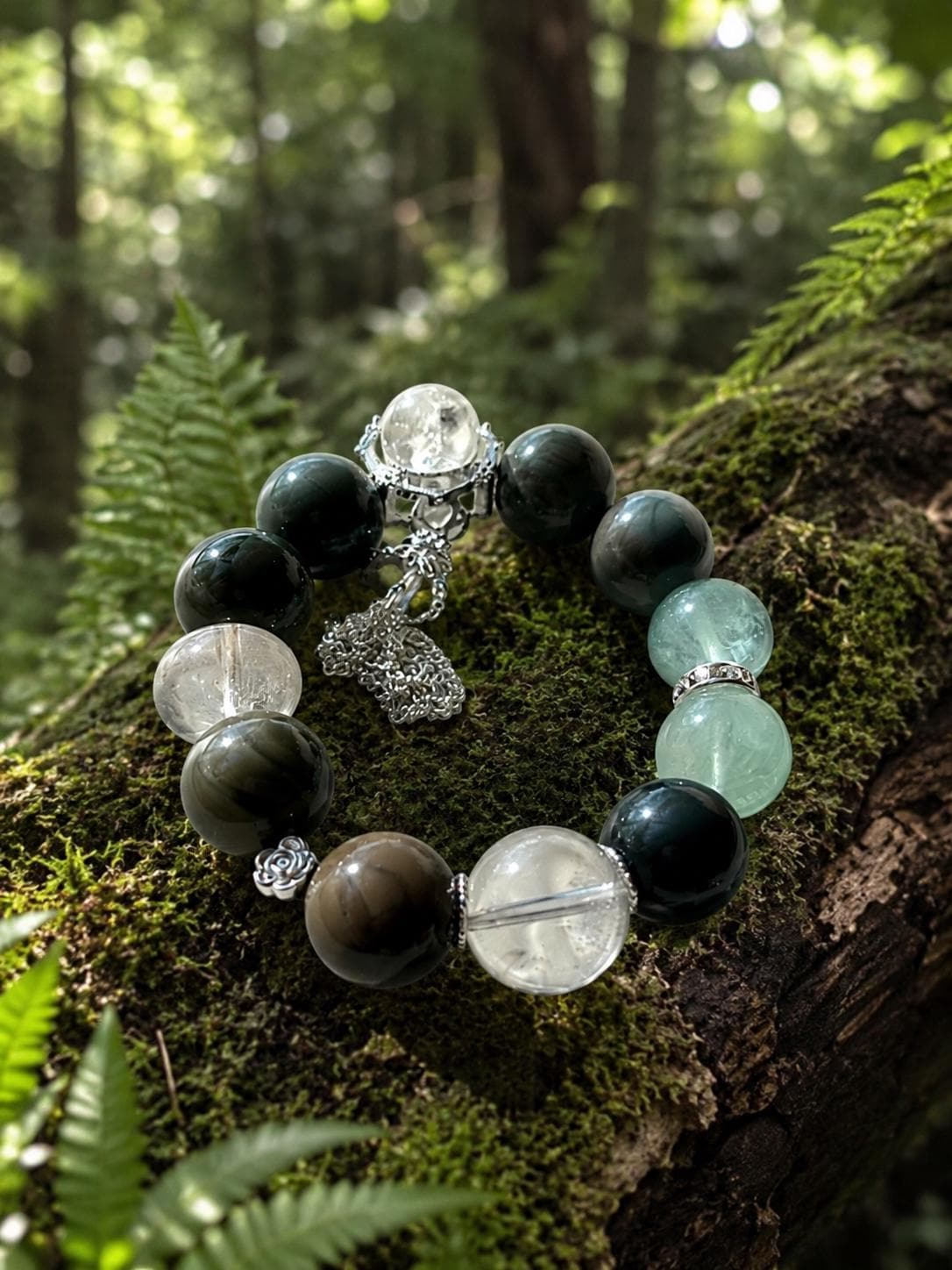 Forest Elf Crystal Bracelet | Alashan Agate & Green Fluorite Bracelet | Azeztulite Charm | Spiritual Healing Jewelry | Nature Inspired Gift