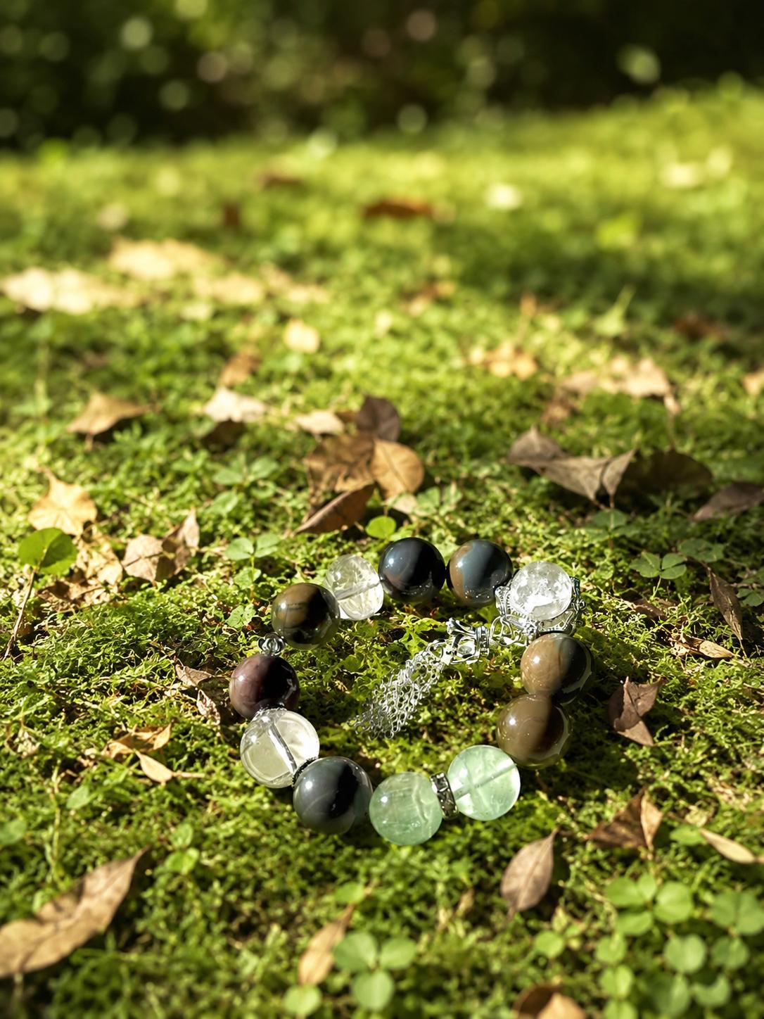 Forest Elf Crystal Bracelet | Alashan Agate & Green Fluorite Bracelet | Azeztulite Charm | Spiritual Healing Jewelry | Nature Inspired Gift