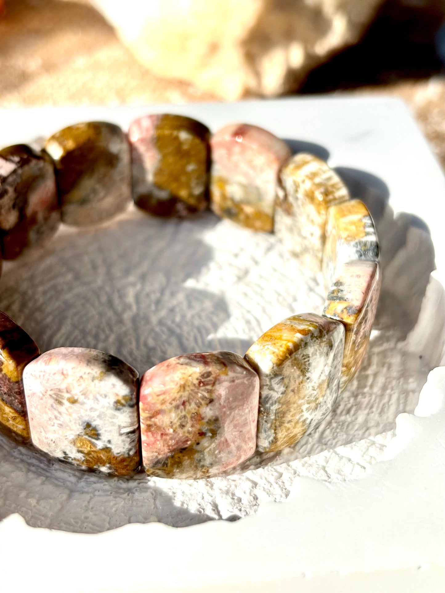 Sylvara – Coral Fossil Leaf Cuff Bracelet | Pink Grey Coral Fossil | Earthy Ocean Jewelry | Adjustable Bracelet