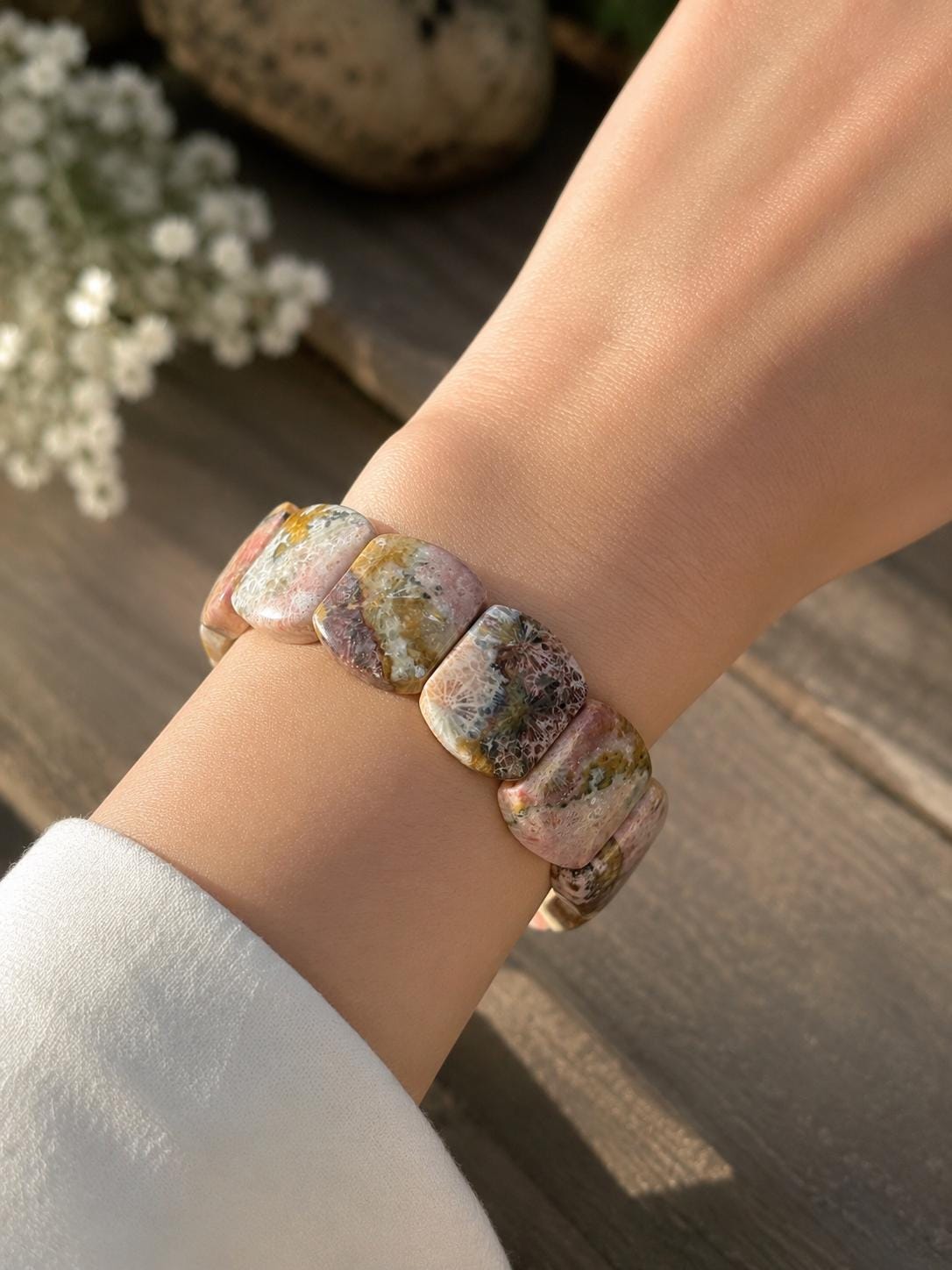 Sylvara – Coral Fossil Leaf Cuff Bracelet | Pink Grey Coral Fossil | Earthy Ocean Jewelry | Adjustable Bracelet