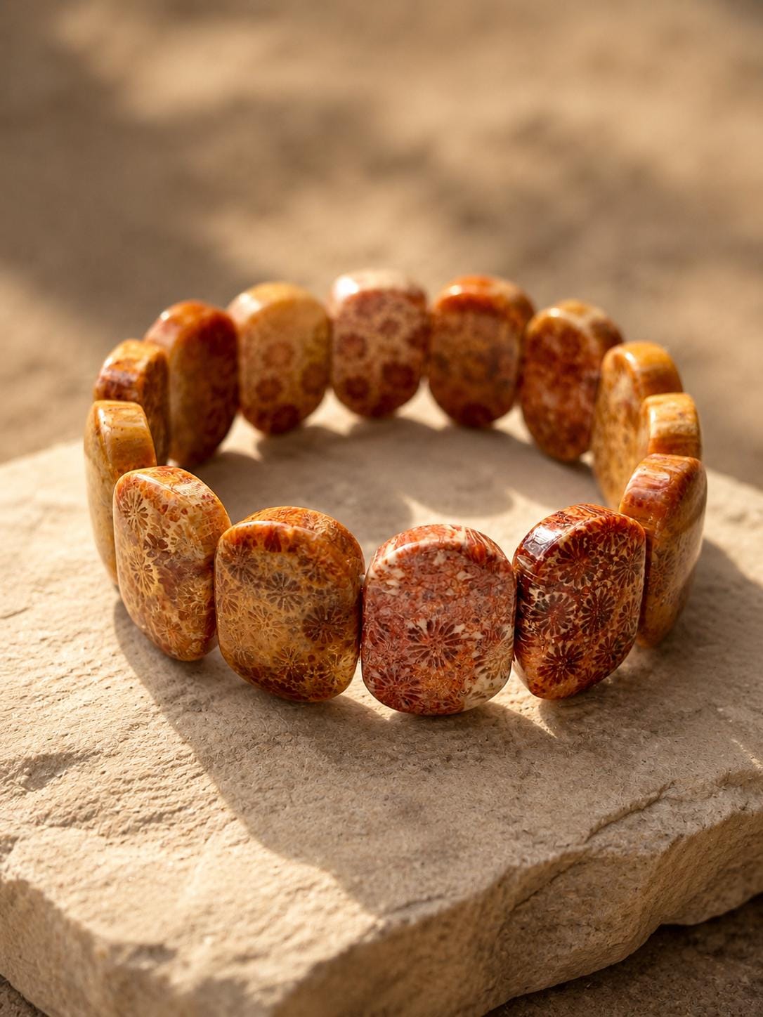 Solmara – Orange Coral Fossil Cuff Bracelet | Beach Crystal Jewelry | Ocean Inspired Gift | Adjustable Coral Bracelet