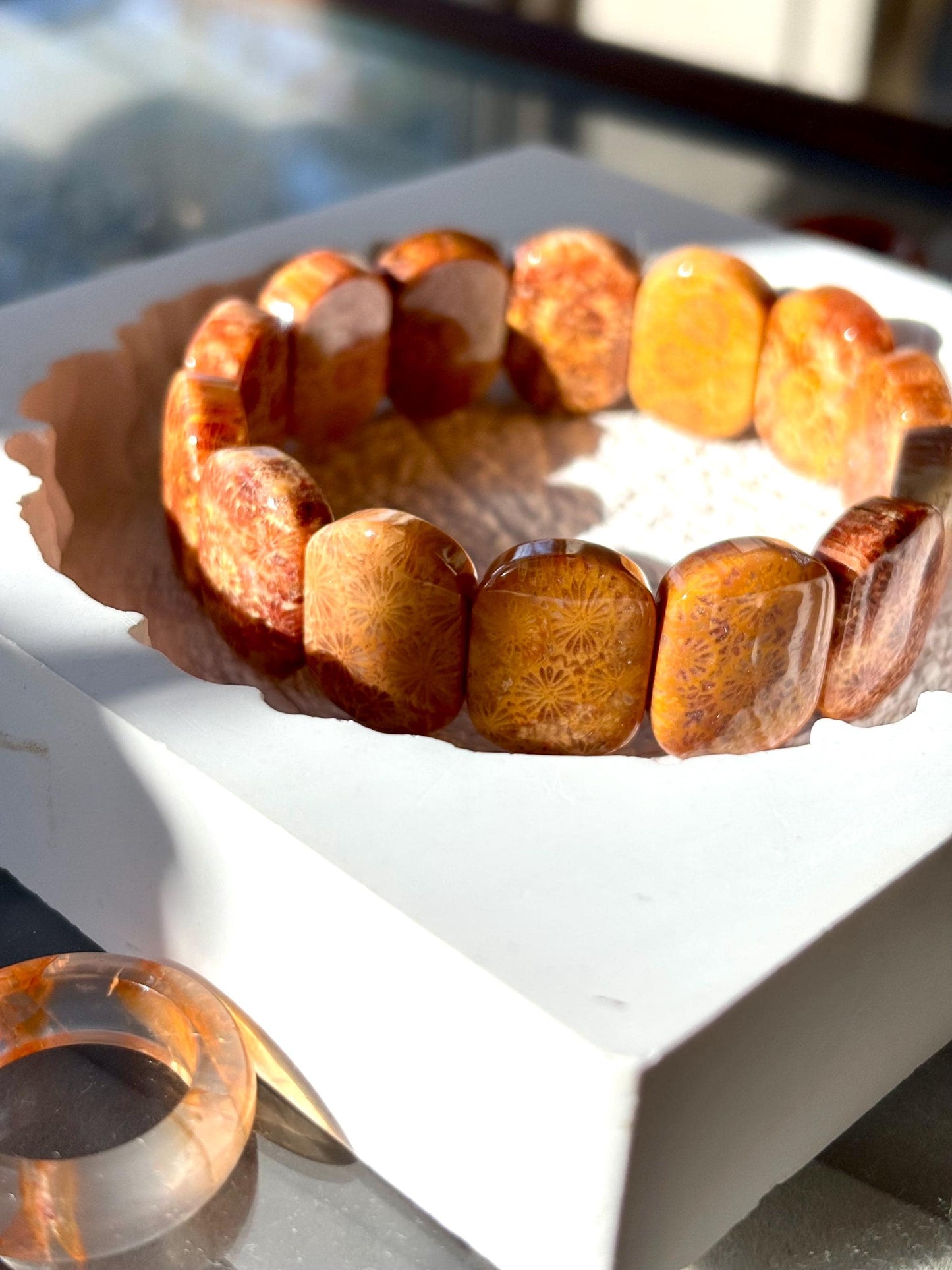 Solmara – Orange Coral Fossil Cuff Bracelet | Beach Crystal Jewelry | Ocean Inspired Gift | Adjustable Coral Bracelet