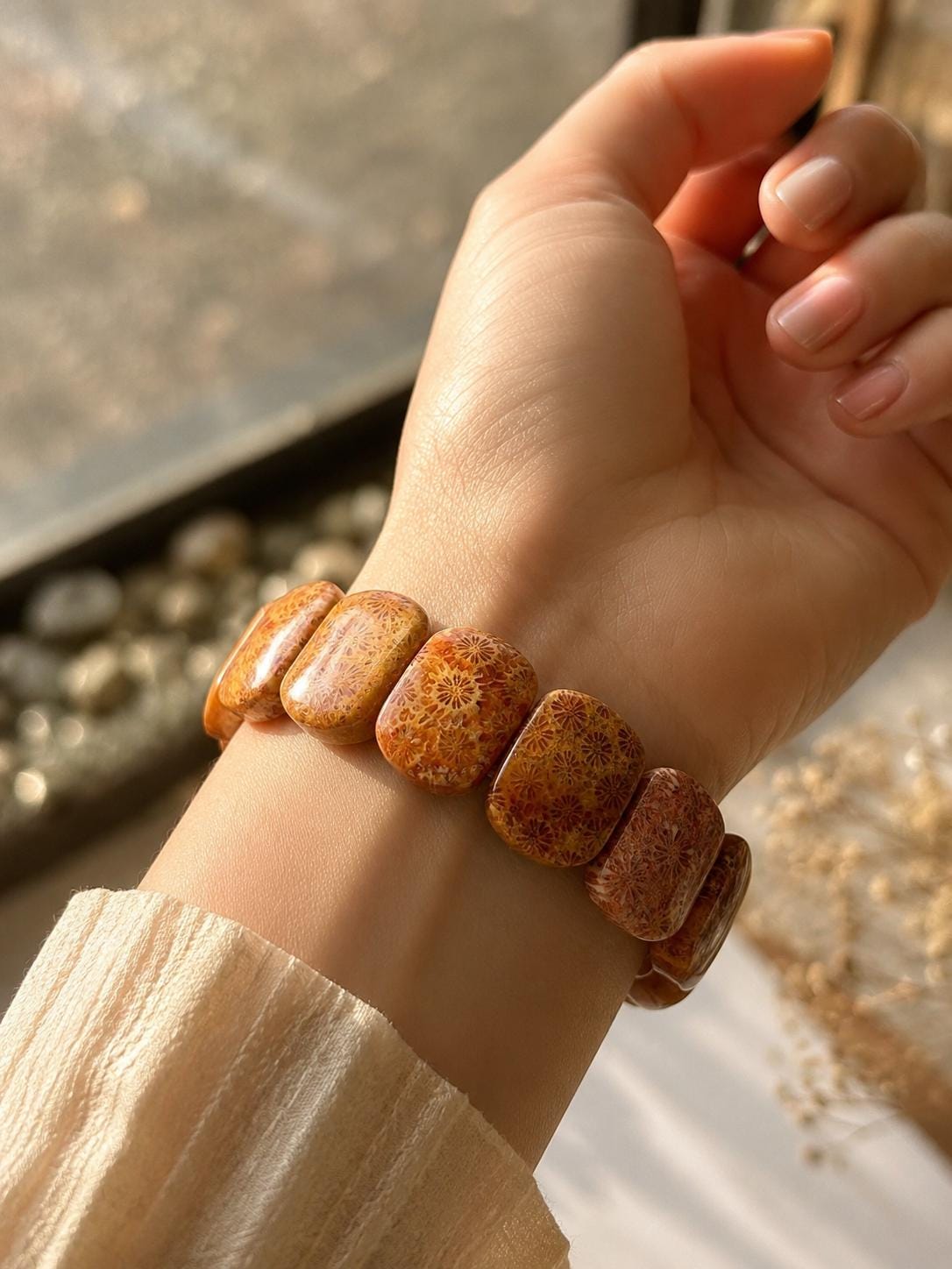 Solmara – Orange Coral Fossil Cuff Bracelet | Beach Crystal Jewelry | Ocean Inspired Gift | Adjustable Coral Bracelet