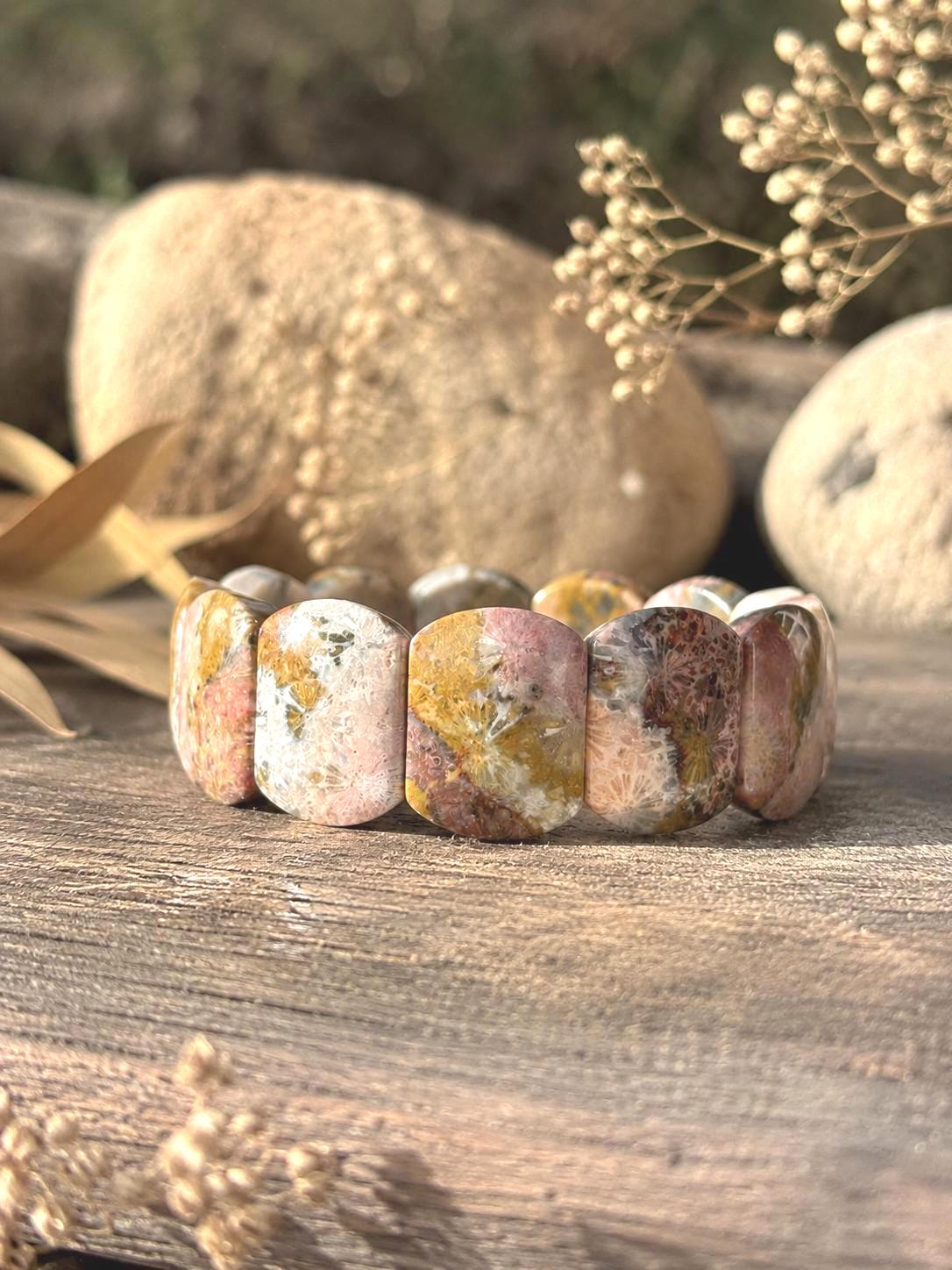 Sylvara – Coral Fossil Leaf Cuff Bracelet | Pink Grey Coral Fossil | Earthy Ocean Jewelry | Adjustable Bracelet