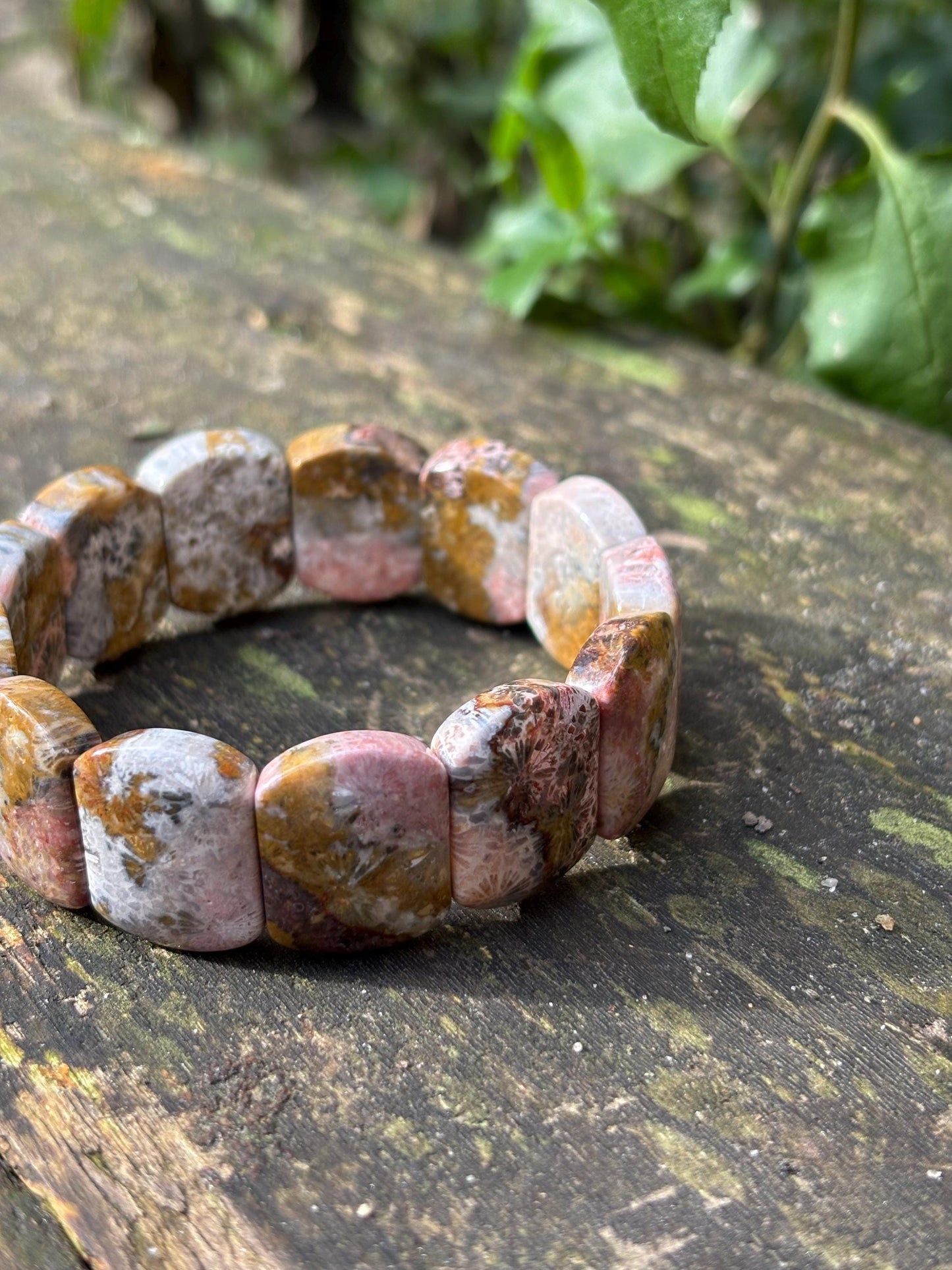 Sylvara – Coral Fossil Leaf Cuff Bracelet | Pink Grey Coral Fossil | Earthy Ocean Jewelry | Adjustable Bracelet