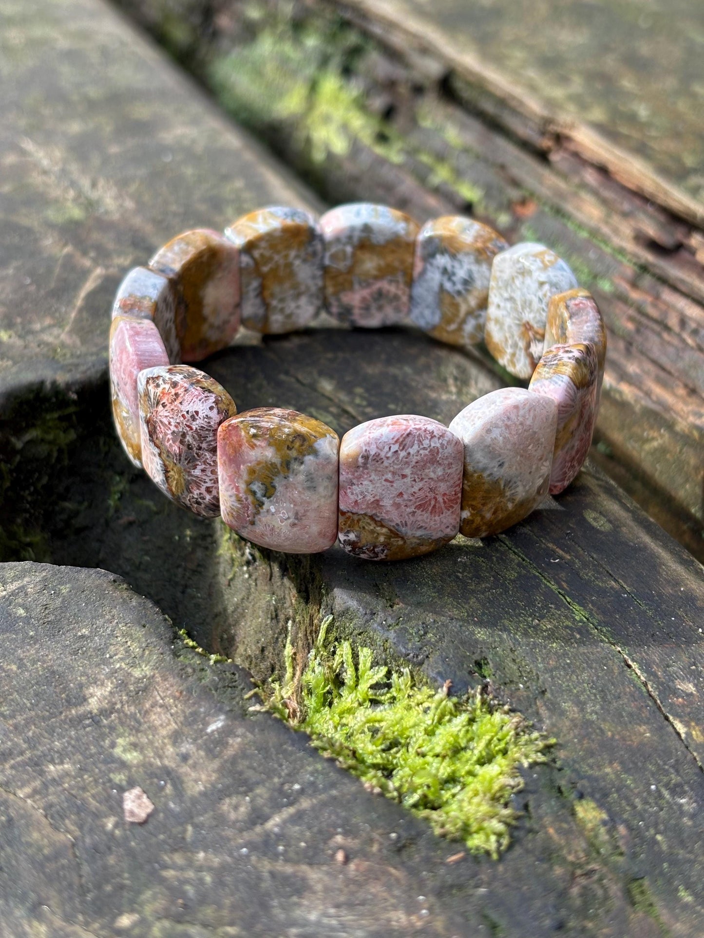 Sylvara – Coral Fossil Leaf Cuff Bracelet | Pink Grey Coral Fossil | Earthy Ocean Jewelry | Adjustable Bracelet