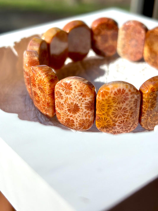 Solmara – Orange Coral Fossil Cuff Bracelet | Beach Crystal Jewelry | Ocean Inspired Gift | Adjustable Coral Bracelet