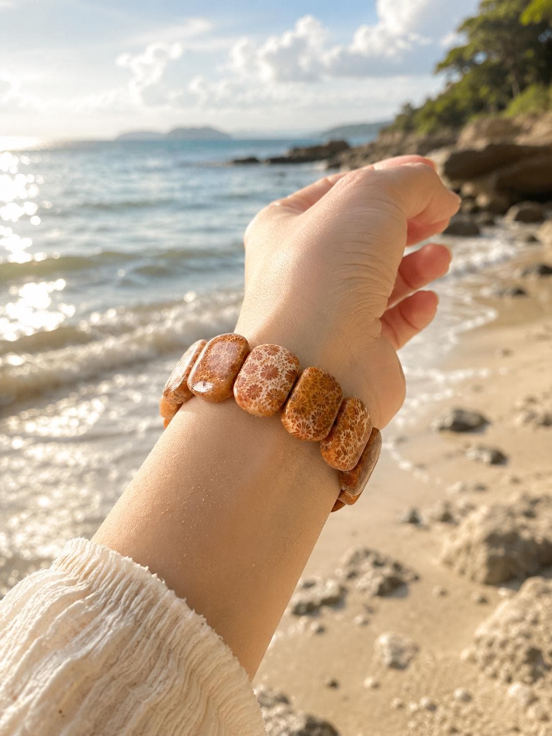 Solmara – Orange Coral Fossil Cuff Bracelet | Beach Crystal Jewelry | Ocean Inspired Gift | Adjustable Coral Bracelet