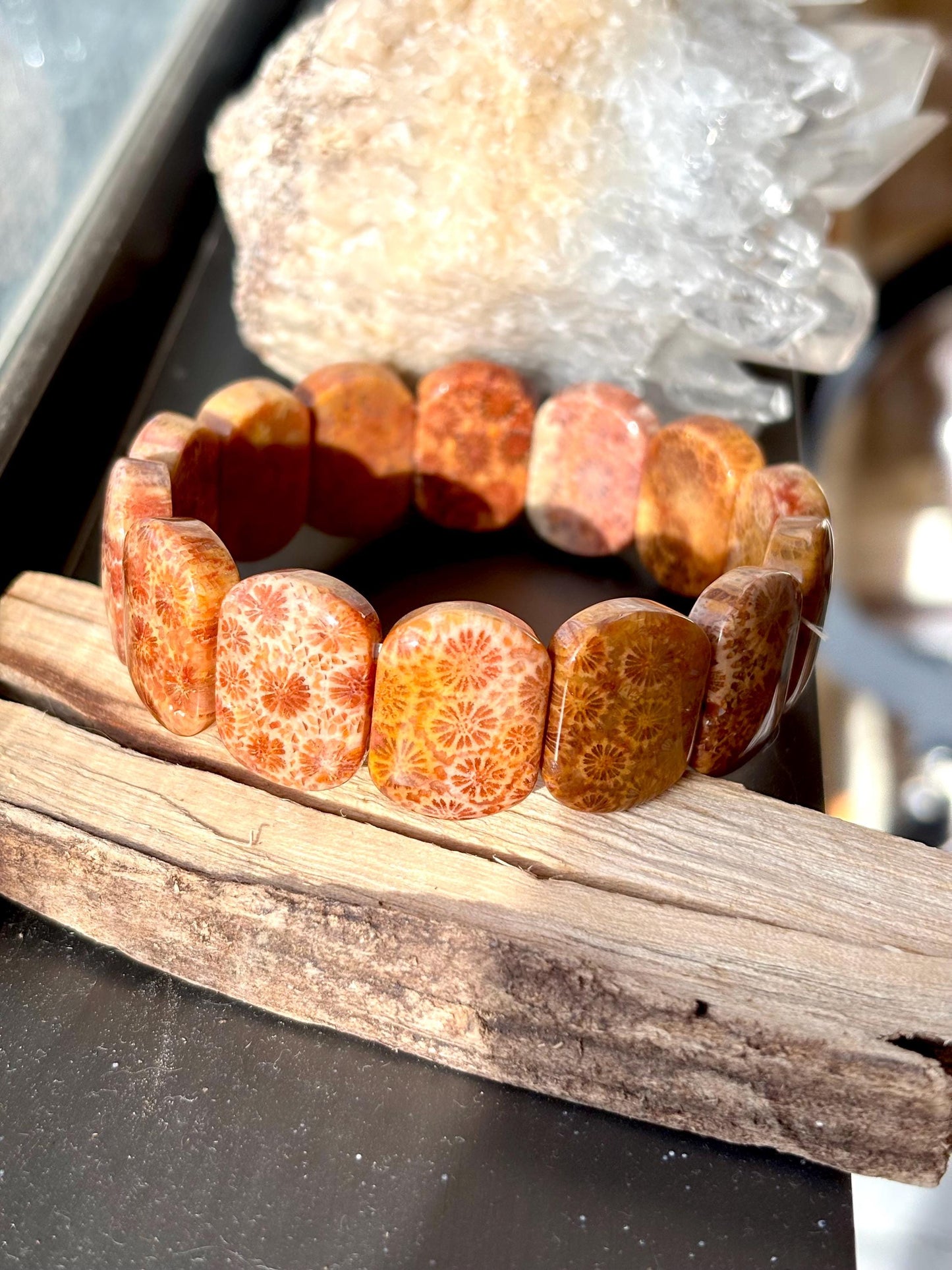 Solmara – Orange Coral Fossil Cuff Bracelet | Beach Crystal Jewelry | Ocean Inspired Gift | Adjustable Coral Bracelet