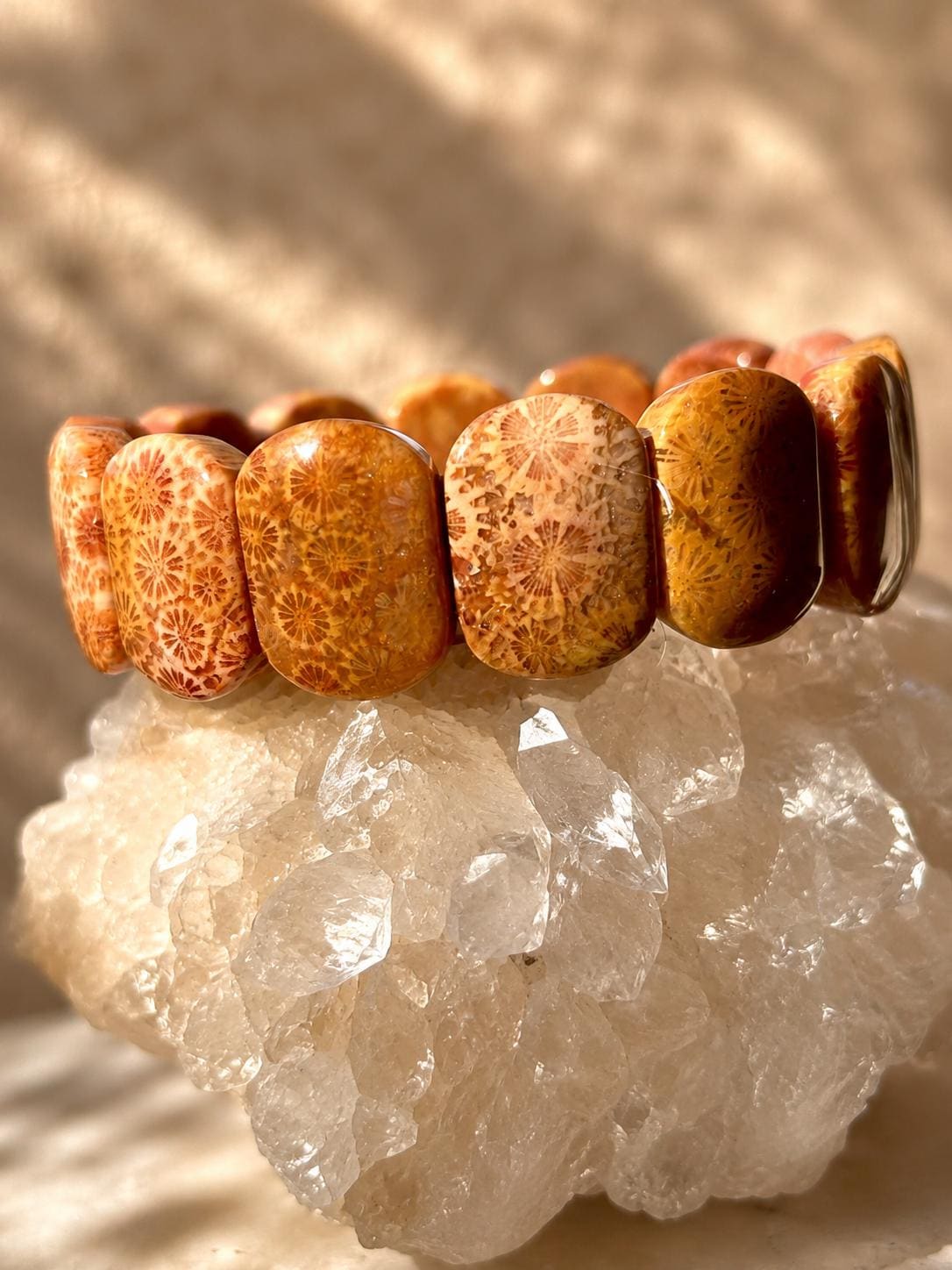 Solmara – Orange Coral Fossil Cuff Bracelet | Beach Crystal Jewelry | Ocean Inspired Gift | Adjustable Coral Bracelet