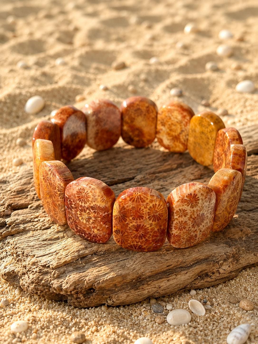 Solmara – Orange Coral Fossil Cuff Bracelet | Beach Crystal Jewelry | Ocean Inspired Gift | Adjustable Coral Bracelet