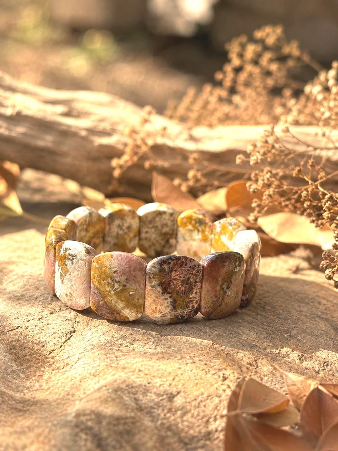 Sylvara – Coral Fossil Leaf Cuff Bracelet | Pink Grey Coral Fossil | Earthy Ocean Jewelry | Adjustable Bracelet