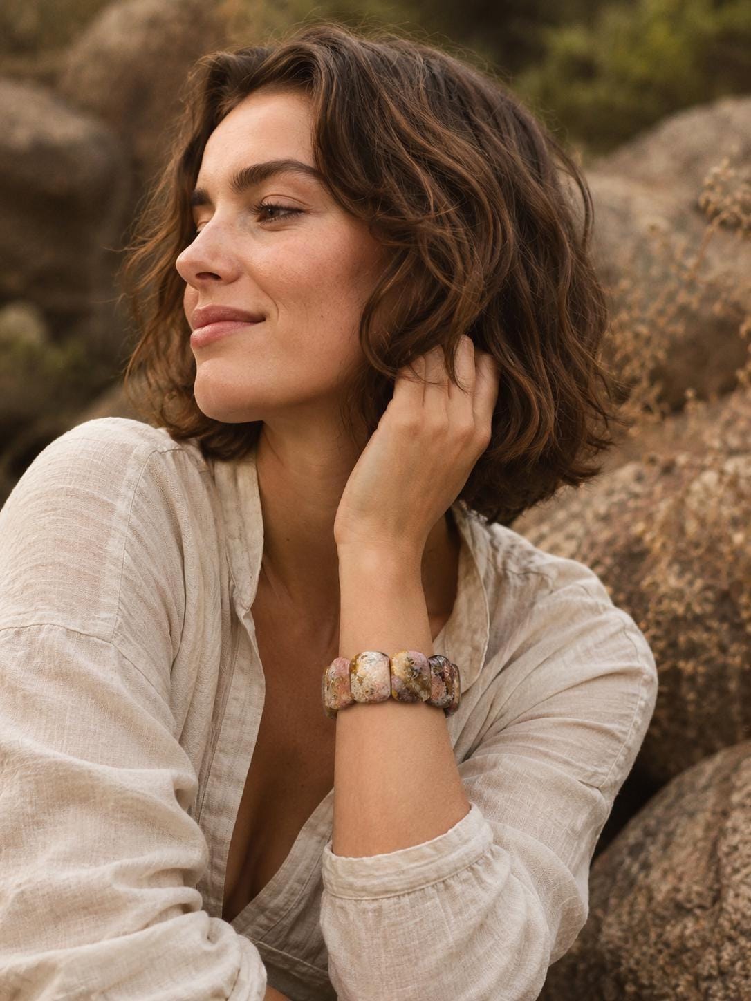 Sylvara – Coral Fossil Leaf Cuff Bracelet | Pink Grey Coral Fossil | Earthy Ocean Jewelry | Adjustable Bracelet