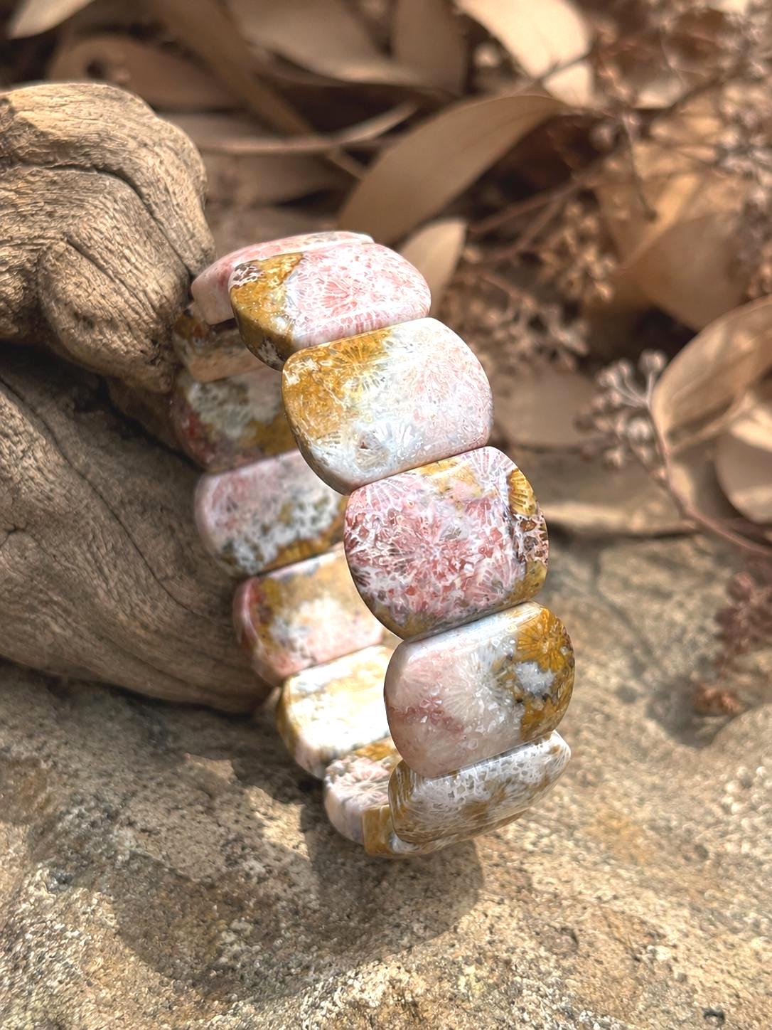 Sylvara – Coral Fossil Leaf Cuff Bracelet | Pink Grey Coral Fossil | Earthy Ocean Jewelry | Adjustable Bracelet